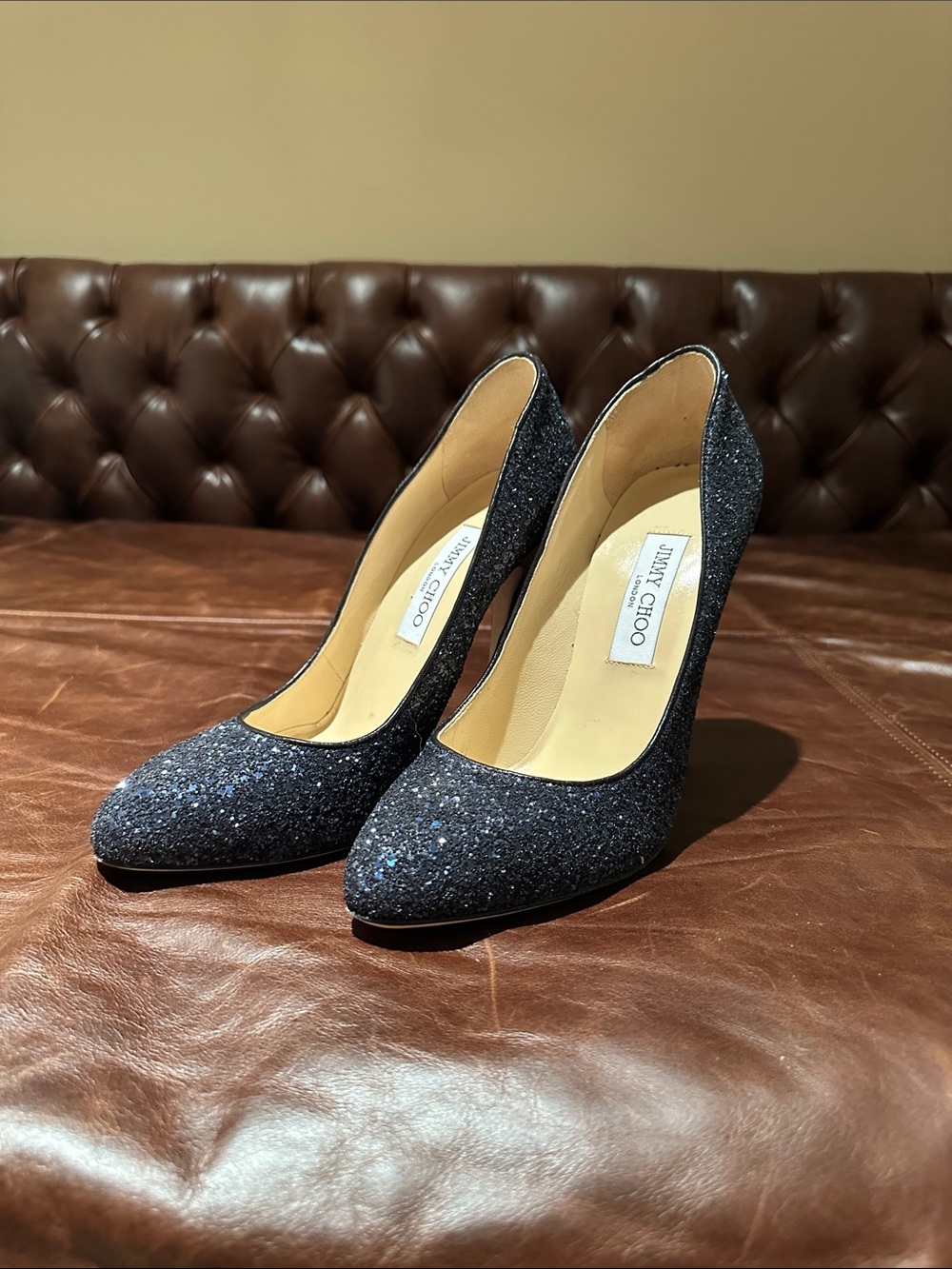 Jimmy Choo dark navy Sparkle Pointed-Toe Stiletto Pumps